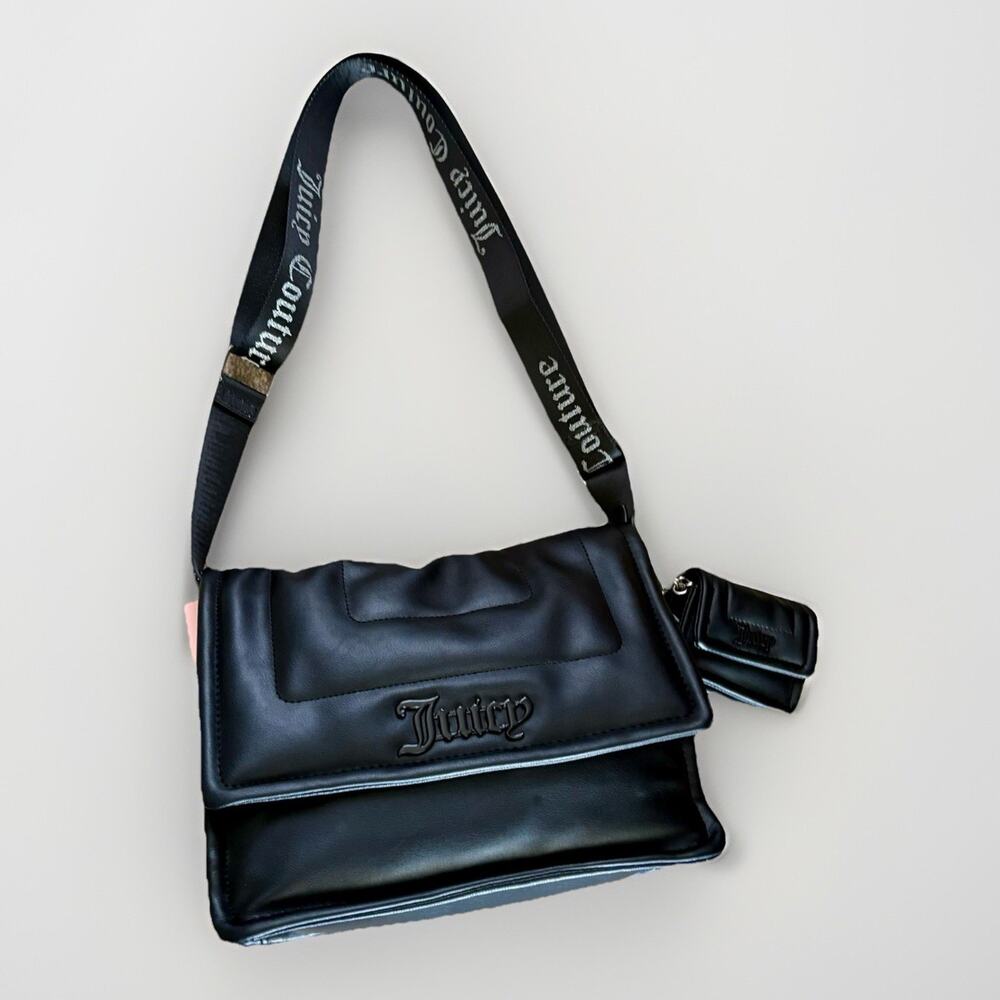 JUICY COUTURE Black Soft Faux Leather Slouchy Messenger Crossbody Mini Bag Charm